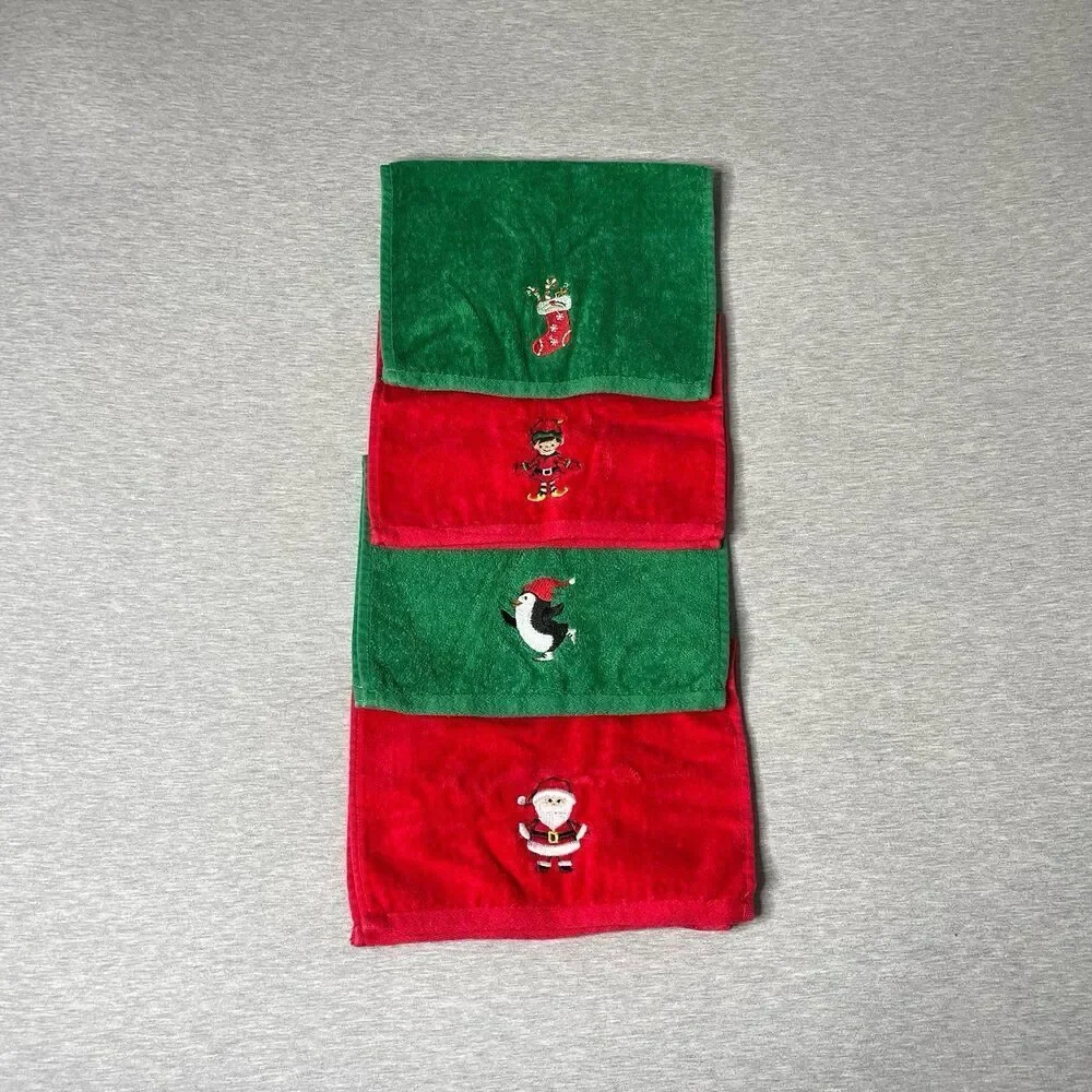 Winter Wonderland Christmas Red & Green Face and Hand Towels 4 PCS. Set